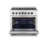 36 Inch Professional Gas Range with 6 German Tower Dual Flow Burners, 5.5 Cu. Ft. Oven Capacity, Continuous Cast Iron Grates, Infrared Broiler, Blue Porcelain Interior and Full-Extension Adjustable Glide Racks: Gas