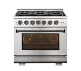 36 Inch Professional Gas Range with 6 German Tower Dual Flow Burners, 5.5 Cu. Ft. Oven Capacity, Continuous Cast Iron Grates, Infrared Broiler, Blue Porcelain Interior and Full-Extension Adjustable Glide Racks: Gas