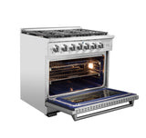 36 Inch Professional Gas Range with 6 German Tower Dual Flow Burners, 5.5 Cu. Ft. Oven Capacity, Continuous Cast Iron Grates, Infrared Broiler, Blue Porcelain Interior and Full-Extension Adjustable Glide Racks: Gas