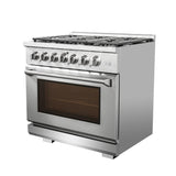 36 Inch Professional Gas Range with 6 German Tower Dual Flow Burners, 5.5 Cu. Ft. Oven Capacity, Continuous Cast Iron Grates, Infrared Broiler, Blue Porcelain Interior and Full-Extension Adjustable Glide Racks: Liquid Propane