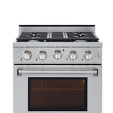 30 Inch Professional Dual Fuel Range with 6 German Tower Burners, 4.5 Cu. Ft. Capacity, Continuous Cast Iron Grates, 81K BTU Load, Bake Mode, Convection Mode, Broil Mode, Blue Porcelain Interior and Full-Extension Adjustable Glide Racks: Liquid Propane