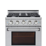 30 Inch Professional Dual Fuel Range with 4 German Tower Burners, 4.5 Cu. Ft. Capacity, Continuous Cast Iron Grates, 81K BTU Load, Bake Mode, Convection Mode, Broil Mode, Blue Porcelain Interior and Full-Extension Adjustable Glide Racks: Natural Gas