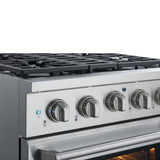 30 Inch Professional Dual Fuel Range with 6 German Tower Burners, 4.5 Cu. Ft. Capacity, Continuous Cast Iron Grates, 81K BTU Load, Bake Mode, Convection Mode, Broil Mode, Blue Porcelain Interior and Full-Extension Adjustable Glide Racks: Liquid Propane