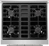 30 Inch Professional Dual Fuel Range with 6 German Tower Burners, 4.5 Cu. Ft. Capacity, Continuous Cast Iron Grates, 81K BTU Load, Bake Mode, Convection Mode, Broil Mode, Blue Porcelain Interior and Full-Extension Adjustable Glide Racks: Liquid Propane