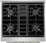 30 Inch Professional Dual Fuel Range with 4 German Tower Burners, 4.5 Cu. Ft. Capacity, Continuous Cast Iron Grates, 81K BTU Load, Bake Mode, Convection Mode, Broil Mode, Blue Porcelain Interior and Full-Extension Adjustable Glide Racks: Natural Gas