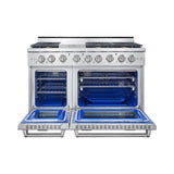 48 Inch Professional Gas Range with 6 German Tower Dual Flow Burners, 7.2 Cu. Ft. Oven Capacity, Continuous Cast Iron Grates, Infrared Broiler, 81K BTU Load, Blue Porcelain Interior and Full-Extension Adjustable Glide Racks: Liquid Propane