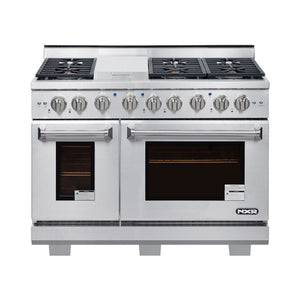 48 Inch Professional Gas Range with 6 German Tower Dual Flow Burners, 7.2 Cu. Ft. Oven Capacity, Continuous Cast Iron Grates, Infrared Broiler, 81K BTU Load, Blue Porcelain Interior and Full-Extension Adjustable Glide Racks: Liquid Propane