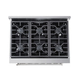36 Inch Professional Dual Fuel Range with 6 German Tower Burners, 5.5 Cu. Ft. Capacity, Continuous Cast Iron Grates, 81K BTU Load, Bake Mode, Convection Mode, Broil Mode, Blue Porcelain Interior and Full-Extension Adjustable Glide Racks: Liquid Propane