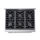 36 Inch Professional Dual Fuel Range with 6 German Tower Burners, 5.5 Cu. Ft. Capacity, Continuous Cast Iron Grates, 81K BTU Load, Bake Mode, Convection Mode, Broil Mode, Blue Porcelain Interior and Full-Extension Adjustable Glide Racks: Liquid Propane