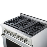 36 Inch Professional Dual Fuel Range with 6 German Tower Burners, 5.5 Cu. Ft. Capacity, Continuous Cast Iron Grates, 81K BTU Load, Bake Mode, Convection Mode, Broil Mode, Blue Porcelain Interior and Full-Extension Adjustable Glide Racks: Liquid Propane