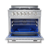 36 Inch Professional Dual Fuel Range with 6 German Tower Burners, 5.5 Cu. Ft. Capacity, Continuous Cast Iron Grates, 81K BTU Load, Bake Mode, Convection Mode, Broil Mode, Blue Porcelain Interior and Full-Extension Adjustable Glide Racks: Liquid Propane