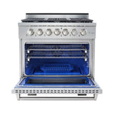 36 Inch Professional Dual Fuel Range with 6 German Tower Burners, 5.5 Cu. Ft. Capacity, Continuous Cast Iron Grates, 81K BTU Load, Bake Mode, Convection Mode, Broil Mode, Blue Porcelain Interior and Full-Extension Adjustable Glide Racks: Natural Gas