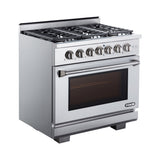 36 Inch Professional Dual Fuel Range with 6 German Tower Burners, 5.5 Cu. Ft. Capacity, Continuous Cast Iron Grates, 81K BTU Load, Bake Mode, Convection Mode, Broil Mode, Blue Porcelain Interior and Full-Extension Adjustable Glide Racks: Liquid Propane