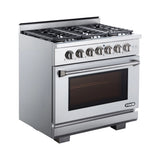 36 Inch Professional Dual Fuel Range with 6 German Tower Burners, 5.5 Cu. Ft. Capacity, Continuous Cast Iron Grates, 81K BTU Load, Bake Mode, Convection Mode, Broil Mode, Blue Porcelain Interior and Full-Extension Adjustable Glide Racks: Natural Gas