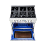 36 Inch Professional Dual Fuel Range with 6 German Tower Burners, 5.5 Cu. Ft. Capacity, Continuous Cast Iron Grates, 81K BTU Load, Bake Mode, Convection Mode, Broil Mode, Blue Porcelain Interior and Full-Extension Adjustable Glide Racks: Liquid Propane