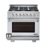 36 Inch Professional Dual Fuel Range with 6 German Tower Burners, 5.5 Cu. Ft. Capacity, Continuous Cast Iron Grates, 81K BTU Load, Bake Mode, Convection Mode, Broil Mode, Blue Porcelain Interior and Full-Extension Adjustable Glide Racks: Liquid Propane