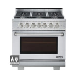 36 Inch Professional Dual Fuel Range with 6 German Tower Burners, 5.5 Cu. Ft. Capacity, Continuous Cast Iron Grates, 81K BTU Load, Bake Mode, Convection Mode, Broil Mode, Blue Porcelain Interior and Full-Extension Adjustable Glide Racks: Natural Gas