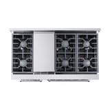 48 Inch Professional Dual Fuel Range with 6 German Tower Burners, 7.2 C. Ft. Capacity, Double Oven, Continuous Cast Iron Grates, Bake Mode, Convection Mode, Broil Mode, 18K BTU Griddle, 81K BTU Load, Blue Porcelain Interior: Liquid Propane