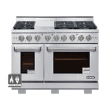 48 Inch Professional Dual Fuel Range with 6 German Tower Burners, 7.2 C. Ft. Capacity, Double Oven, Continuous Cast Iron Grates, Bake Mode, Convection Mode, Broil Mode, 18K BTU Griddle, 81K BTU Load, Blue Porcelain Interior: Natural Gas