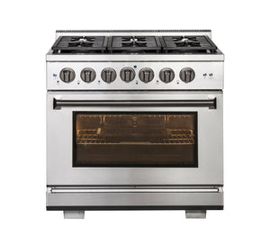 36 Inch Professional Gas Range with 6 German Tower Dual Flow Burners, 5.5 Cu. Ft. Oven Capacity, Continuous Cast Iron Grates, Infrared Broiler, Blue Porcelain Interior and Full-Extension Adjustable Glide Racks: Gas