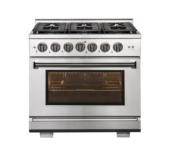 36 Inch Professional Gas Range with 6 German Tower Dual Flow Burners, 5.5 Cu. Ft. Oven Capacity, Continuous Cast Iron Grates, Infrared Broiler, Blue Porcelain Interior and Full-Extension Adjustable Glide Racks: Liquid Propane