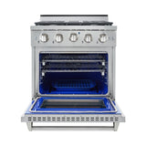 30 Inch Professional Dual Fuel Range with 6 German Tower Burners, 4.5 Cu. Ft. Capacity, Continuous Cast Iron Grates, 81K BTU Load, Bake Mode, Convection Mode, Broil Mode, Blue Porcelain Interior and Full-Extension Adjustable Glide Racks: Liquid Propane