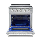 30 Inch Professional Dual Fuel Range with 4 German Tower Burners, 4.5 Cu. Ft. Capacity, Continuous Cast Iron Grates, 81K BTU Load, Bake Mode, Convection Mode, Broil Mode, Blue Porcelain Interior and Full-Extension Adjustable Glide Racks: Natural Gas