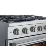 30 Inch Professional Dual Fuel Range with 4 German Tower Burners, 4.5 Cu. Ft. Capacity, Continuous Cast Iron Grates, 81K BTU Load, Bake Mode, Convection Mode, Broil Mode, Blue Porcelain Interior and Full-Extension Adjustable Glide Racks: Natural Gas