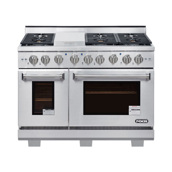 48 Inch Professional Gas Range with 6 German Tower Dual Flow Burners, 7.2 Cu. Ft. Oven Capacity, Continuous Cast Iron Grates, Infrared Broiler, 81K BTU Load, Blue Porcelain Interior and Full-Extension Adjustable Glide Racks: Liquid Propane