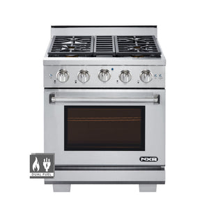 30 Inch Professional Dual Fuel Range with 6 German Tower Burners, 4.5 Cu. Ft. Capacity, Continuous Cast Iron Grates, 81K BTU Load, Bake Mode, Convection Mode, Broil Mode, Blue Porcelain Interior and Full-Extension Adjustable Glide Racks: Liquid Propane