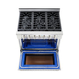 36 Inch Professional Dual Fuel Range with 6 German Tower Burners, 5.5 Cu. Ft. Capacity, Continuous Cast Iron Grates, 81K BTU Load, Bake Mode, Convection Mode, Broil Mode, Blue Porcelain Interior and Full-Extension Adjustable Glide Racks: Natural Gas