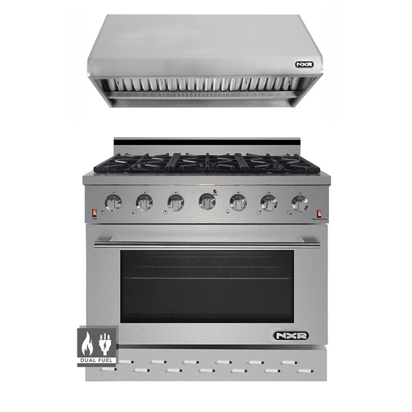 NXR Entree Bundle 36 in. 5.5 Cu. ft. Pro-Style Liquid Propane Range Convection Oven Range Hood in Stainless Steel and Black
